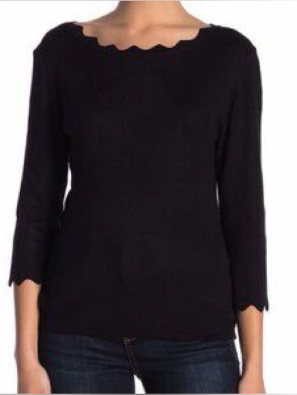 Philosophy Black Scallop-Trim Scoop Neck Sweater